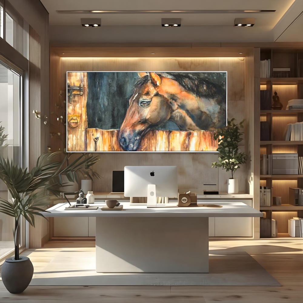 Tablou canvas cu pictura cu un cal brun in hambar, in rama de aluminiu argintiu, pe perete intr-un birou